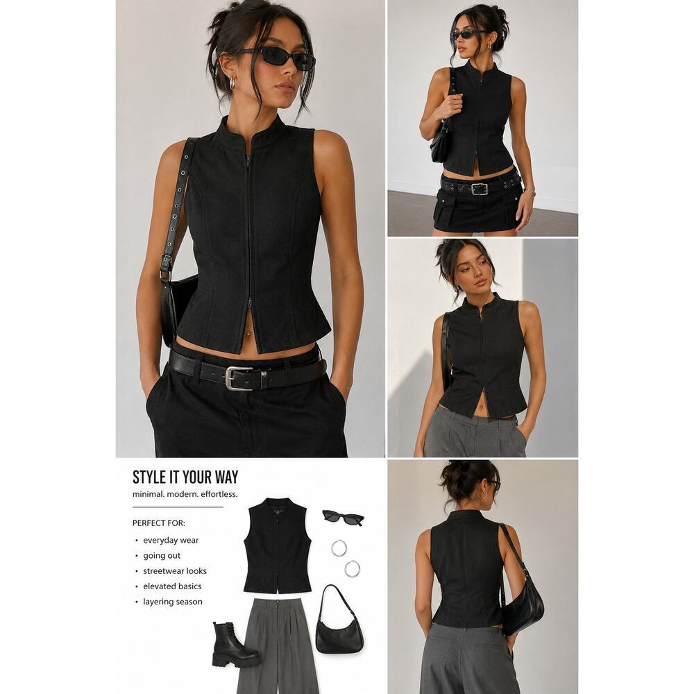 Black Structured Sleeveless Zip Vest Top Size S